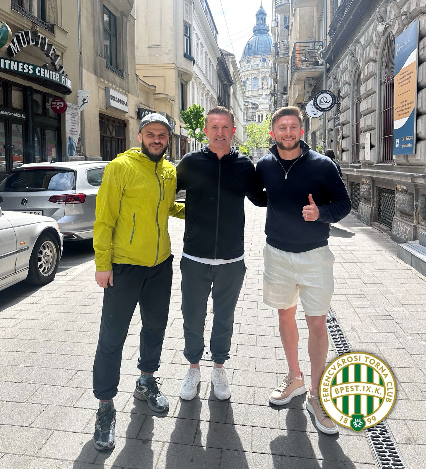 Eric Friedlander with players outside Ferencvarosi Torna Club in Budapest