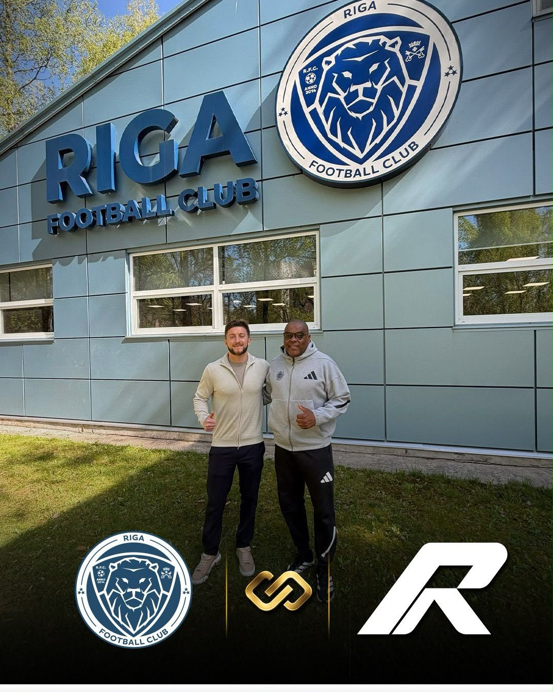 Eric Friedlander outside Riga Football Club with club staff
